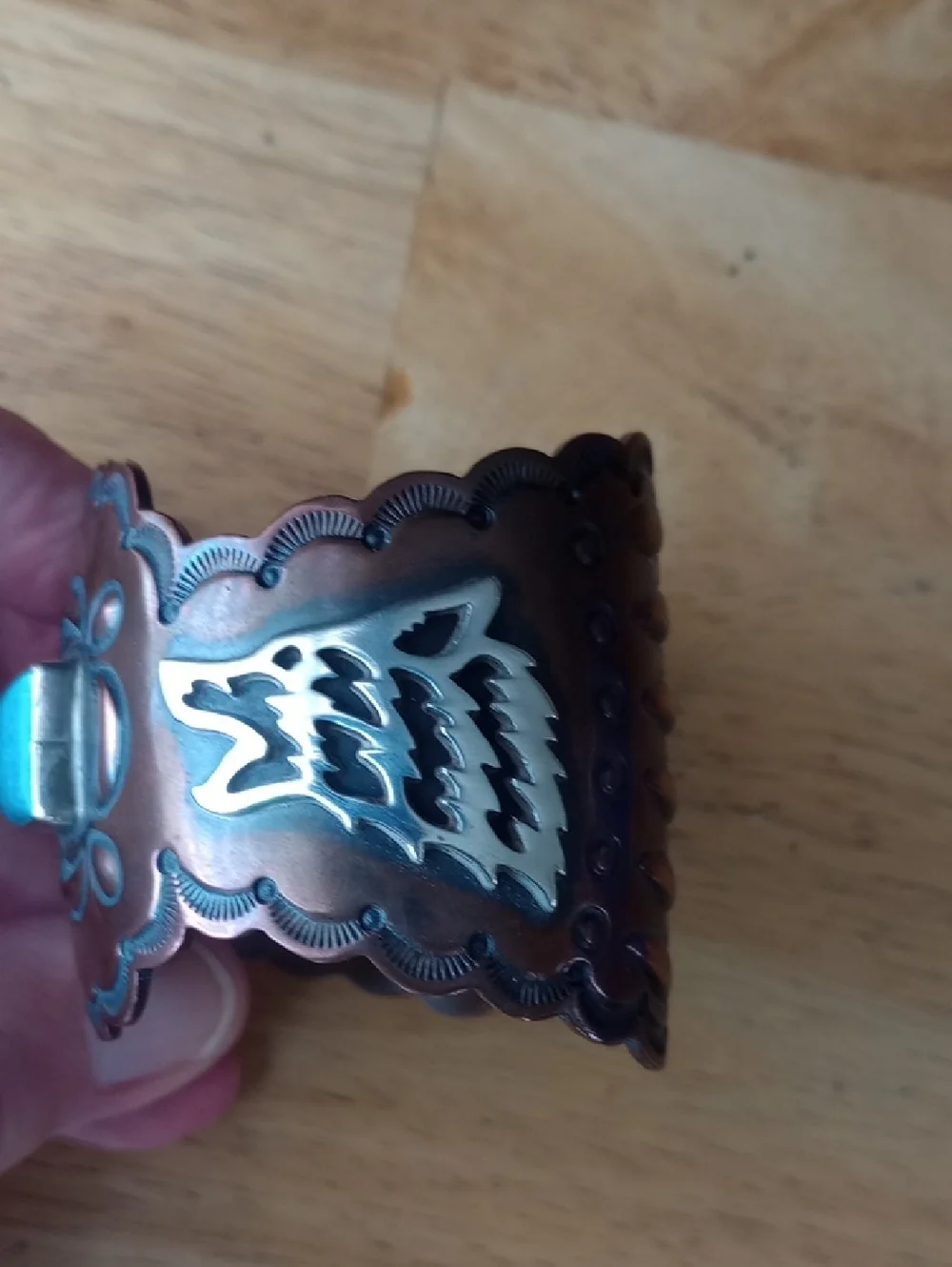 Copper Silver Turquoise Wolf Cuff